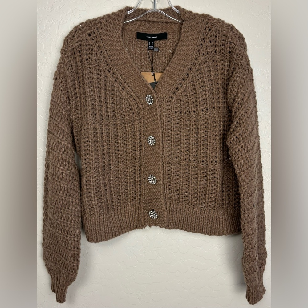 NEW Vero Moda‎ Rhinestone Buttons V-Neck Lagenlook Cardigan Brown Lentil S 0591
